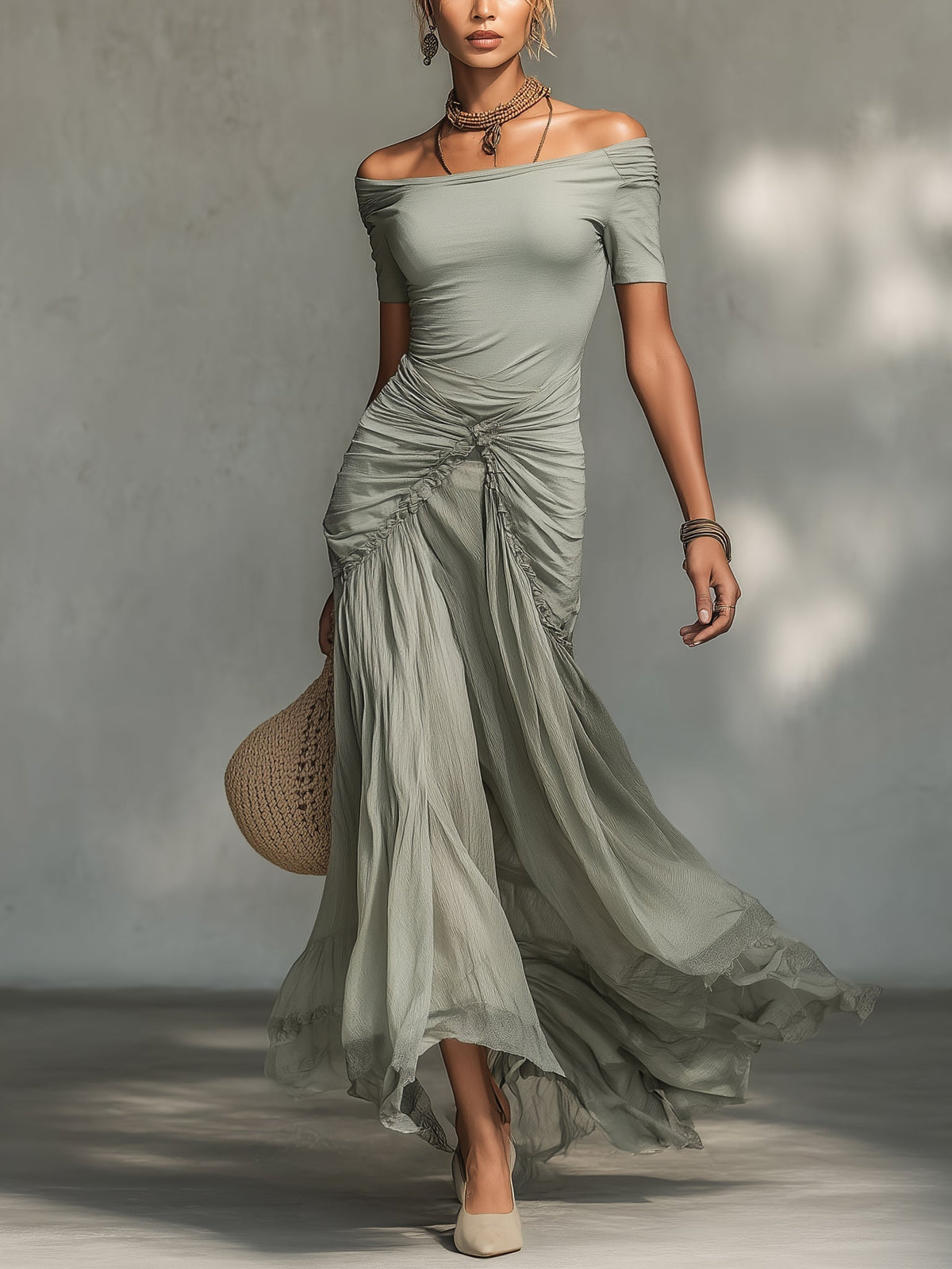 Salomé | Vestido Largo Gris de Gasa con Drapeado Lateral