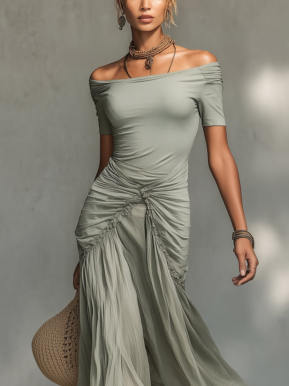 Salomé | Vestido Largo Gris de Gasa con Drapeado Lateral