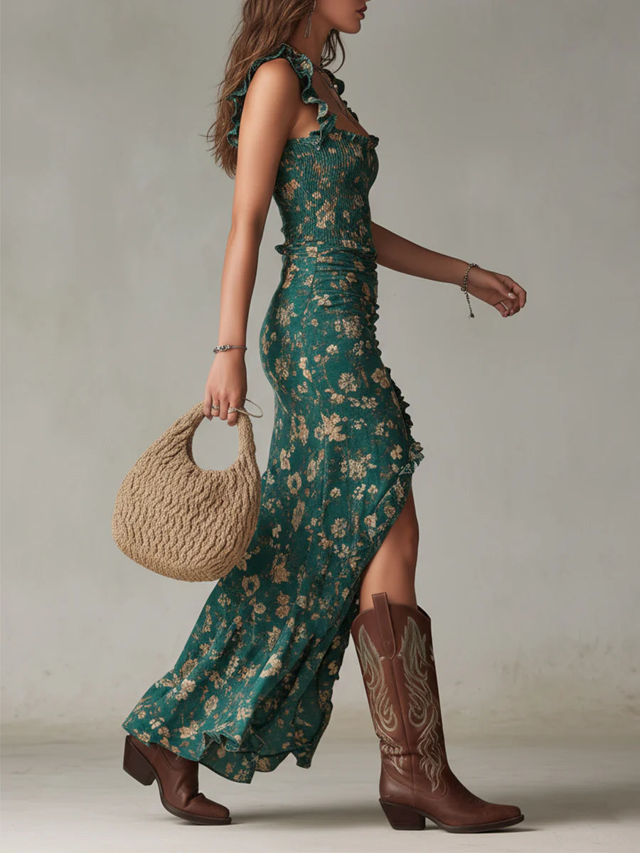 Hortensia | Vestido Largo Verde con Estampado Floral y Mangas de Volantes