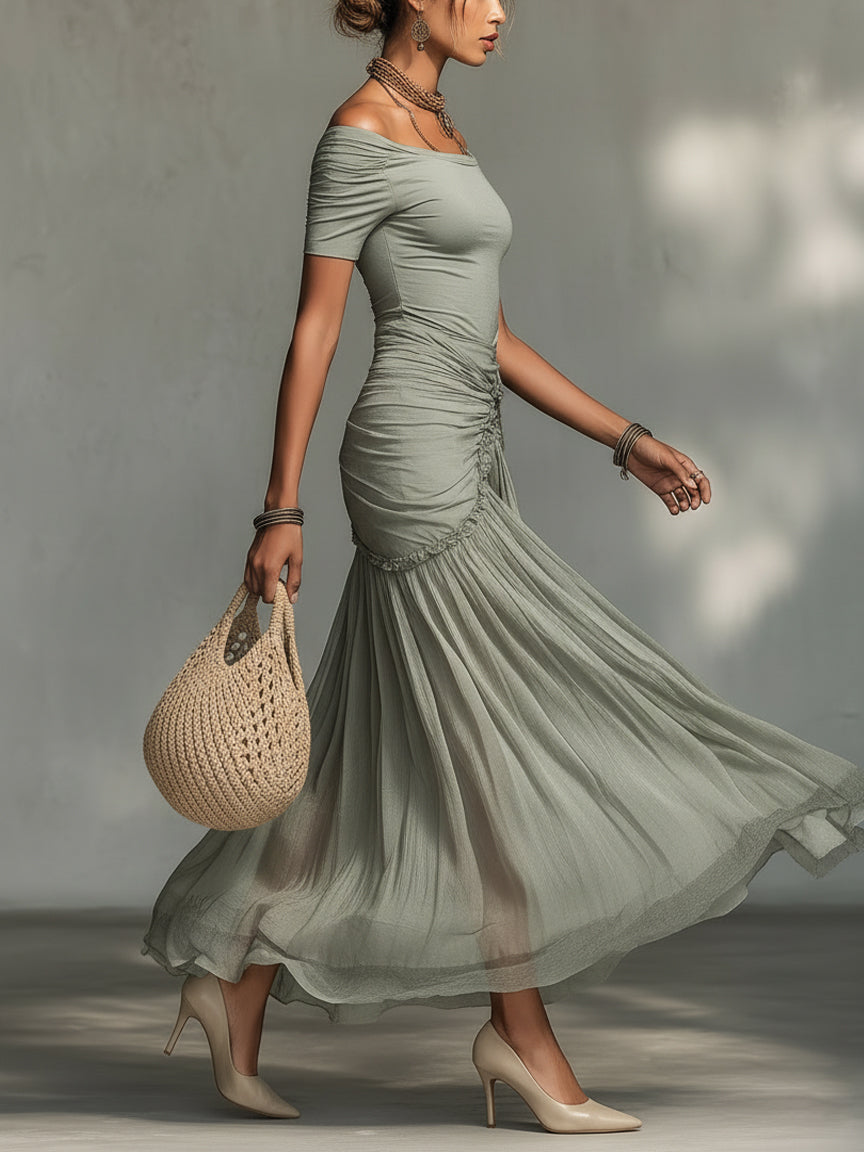 Salomé | Vestido Largo Gris de Gasa con Drapeado Lateral
