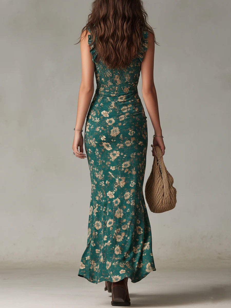 Hortensia | Vestido Largo Verde con Estampado Floral y Mangas de Volantes