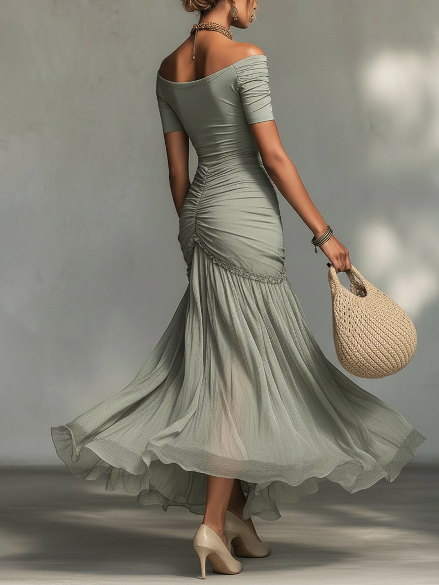 Salomé | Vestido Largo Gris de Gasa con Drapeado Lateral