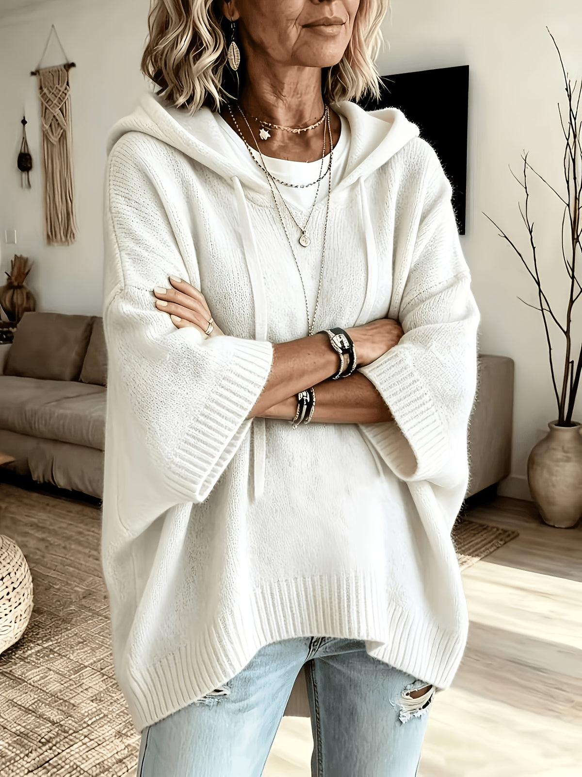 Poncho Micaela en blanco roto con los brazos cruzados, mostrando la manga ancha