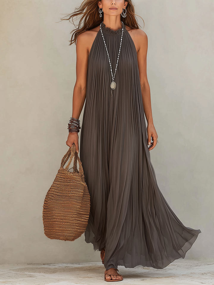 LIRA | Maxi Vestido Halter Plisado Gris
