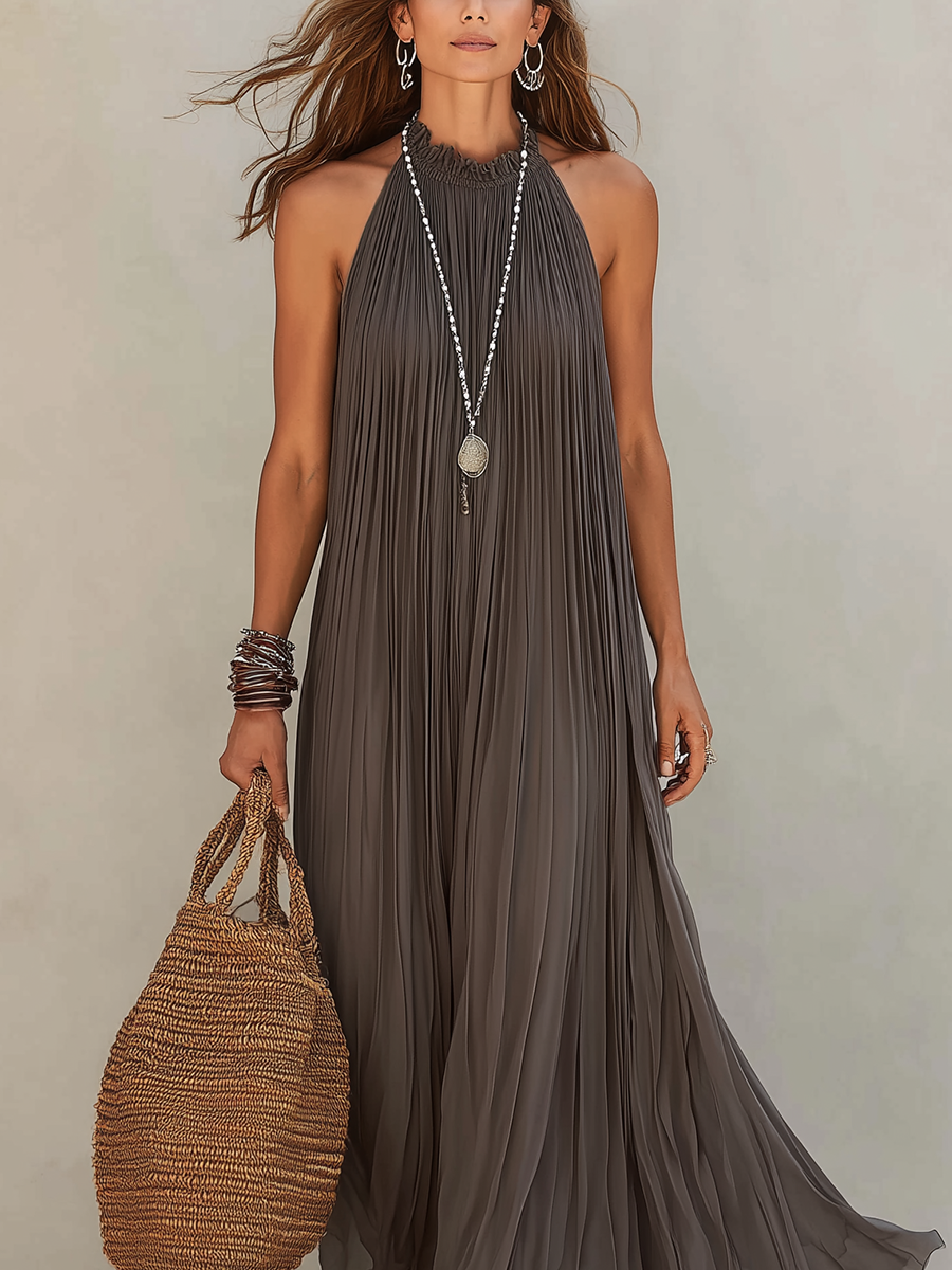 LIRA | Maxi Vestido Halter Plisado Gris
