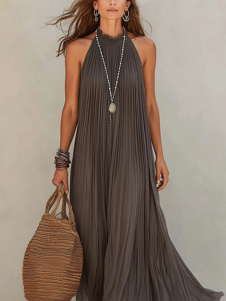 LIRA | Maxi Vestido Halter Plisado Gris
