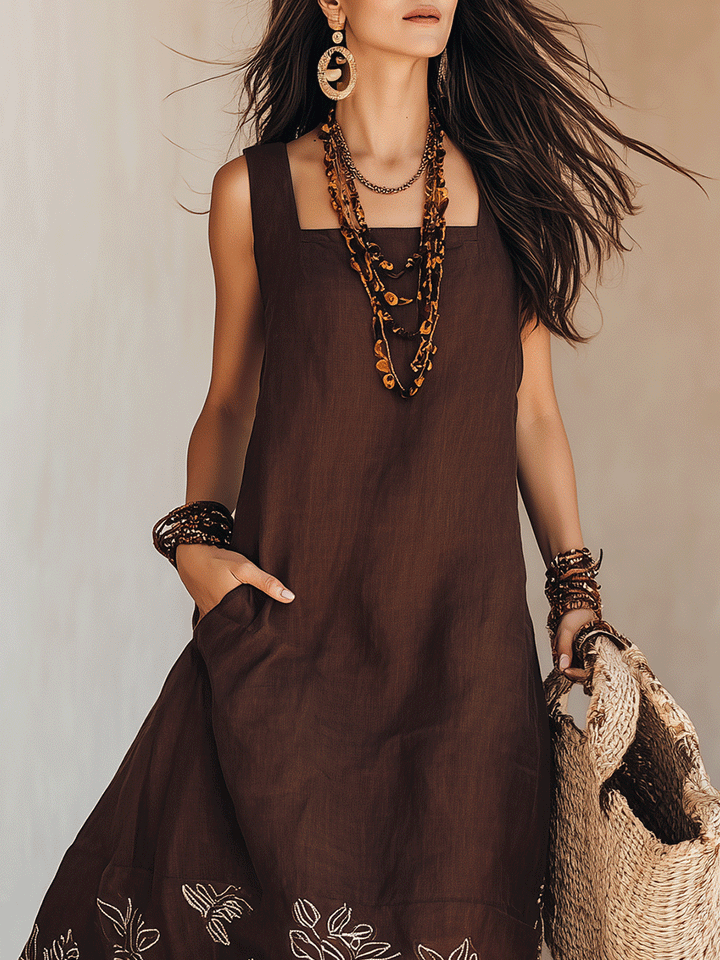 NOEMI | Vestido Midi de Lino Boho Bordado