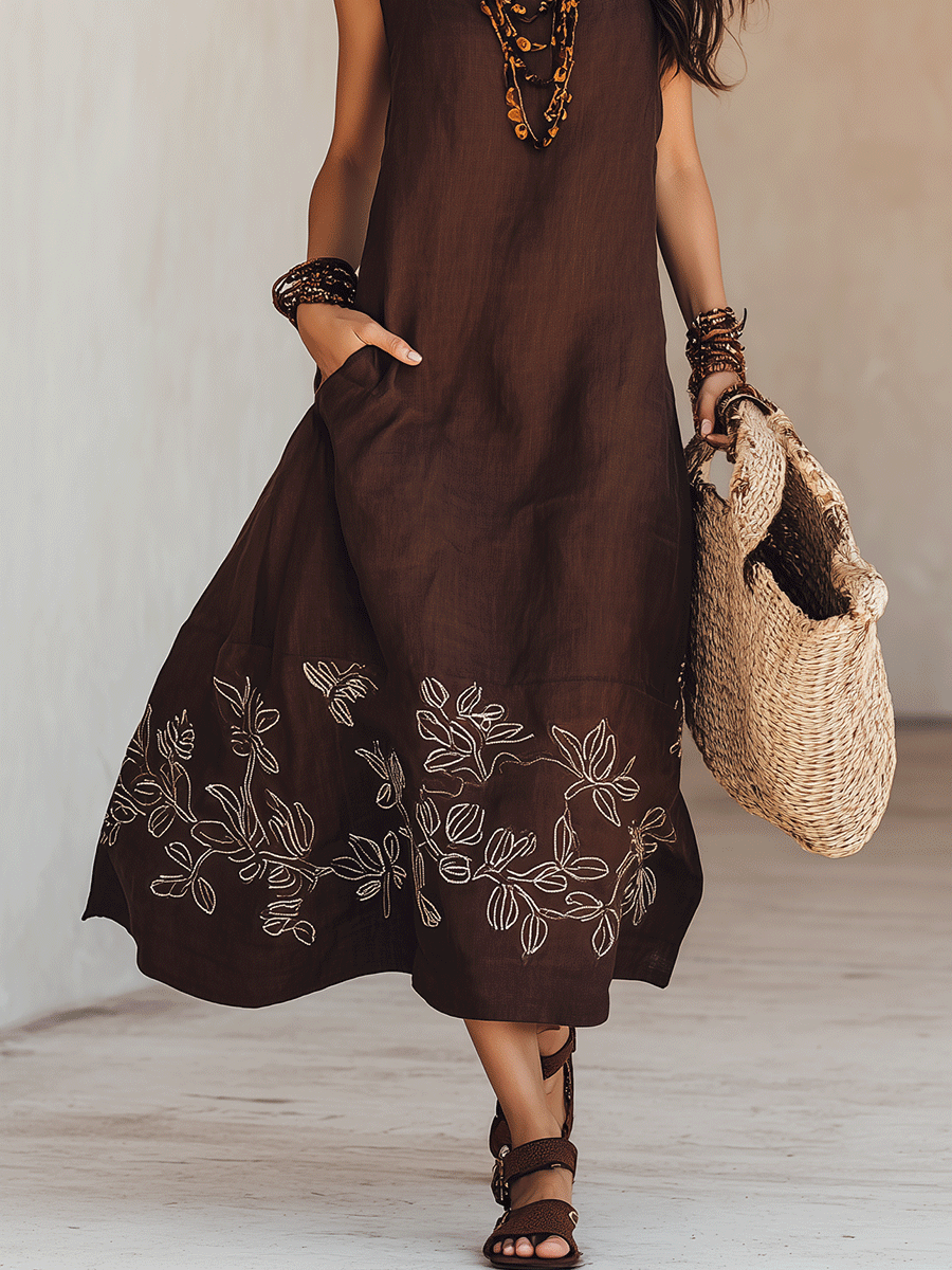 NOEMI | Vestido Midi de Lino Boho Bordado