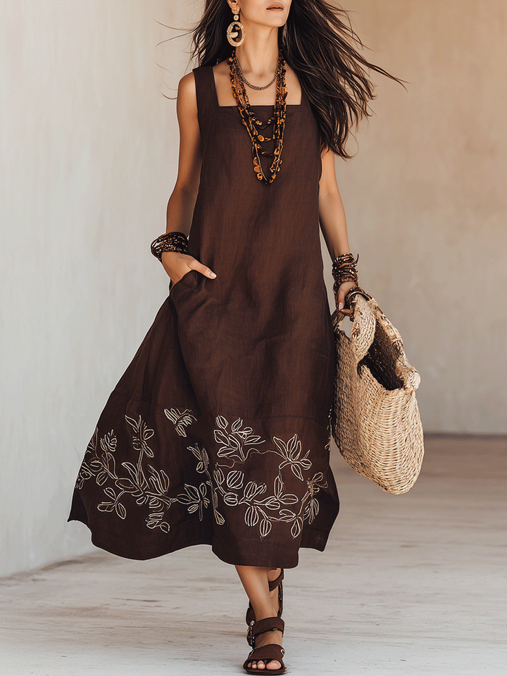 NOEMI | Vestido Midi de Lino Boho Bordado