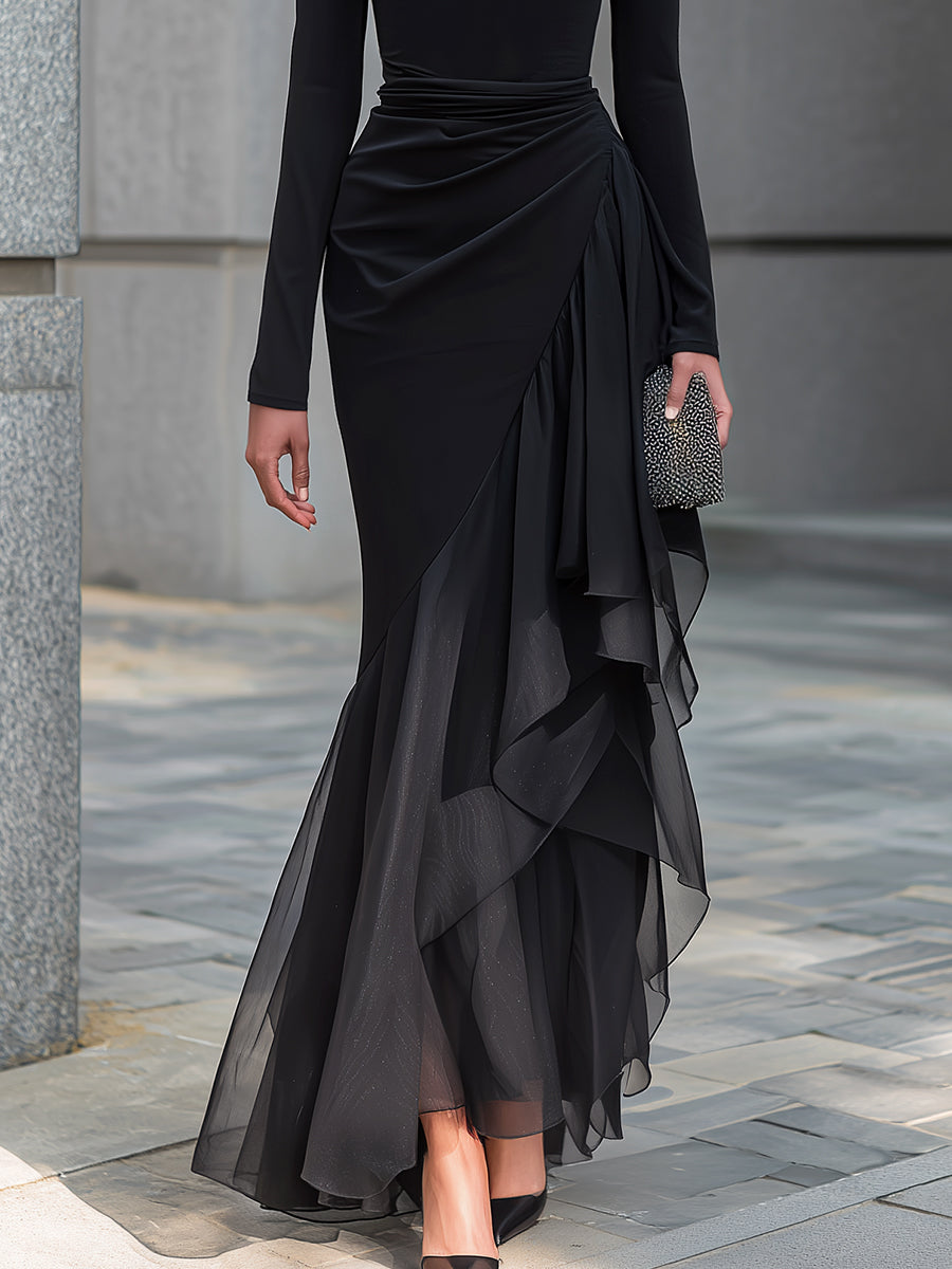 Almudena | Vestido Largo Negro de Hombros Descubiertos con Cuello Drapeado