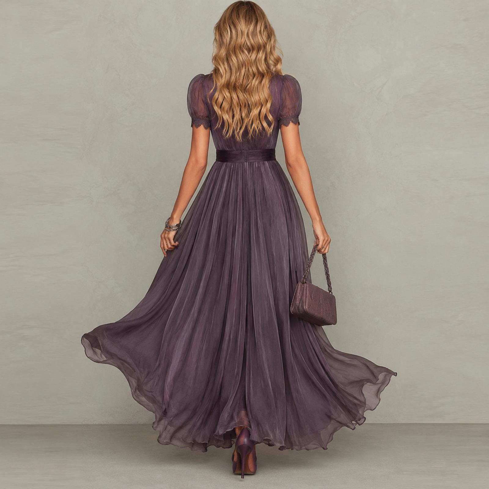 Espalda del vestido largo de gasa en morado con cinturilla ancha