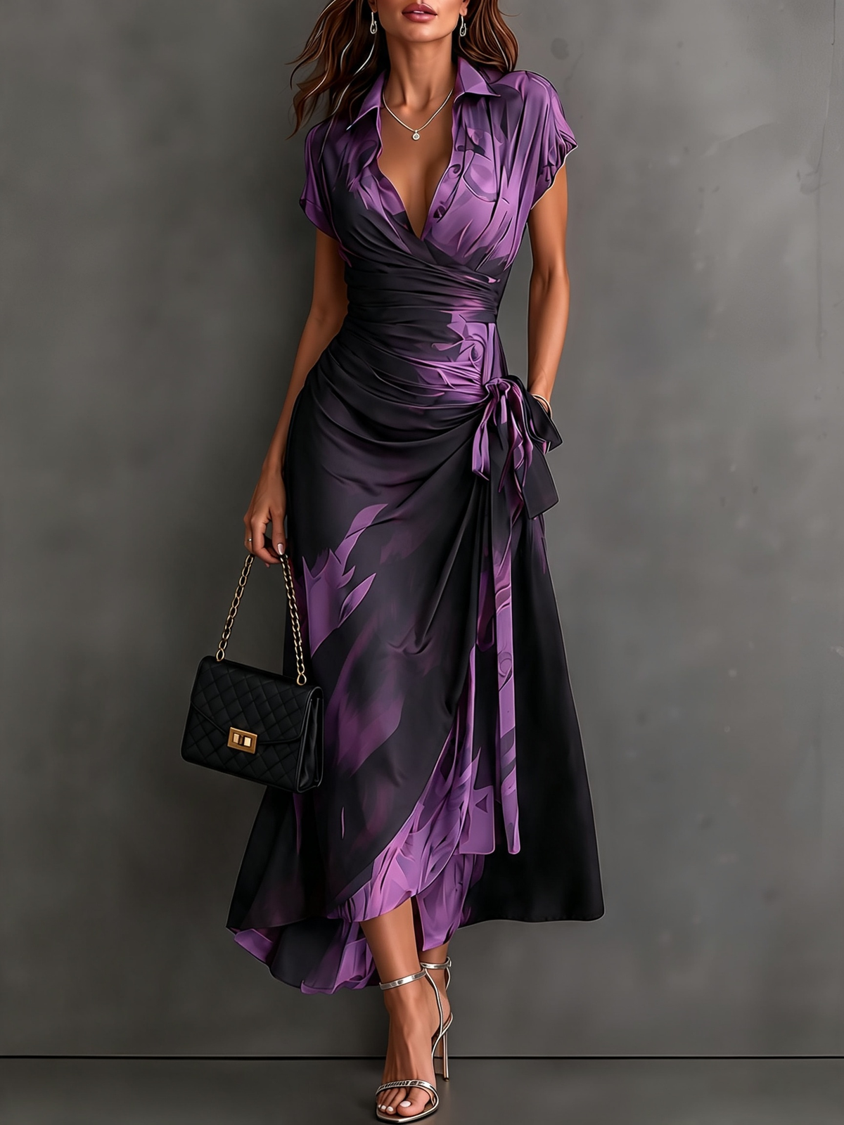 Emilia | Vestido Midi Cruzado con Estampado Abstracto y Bajo Asimétrico