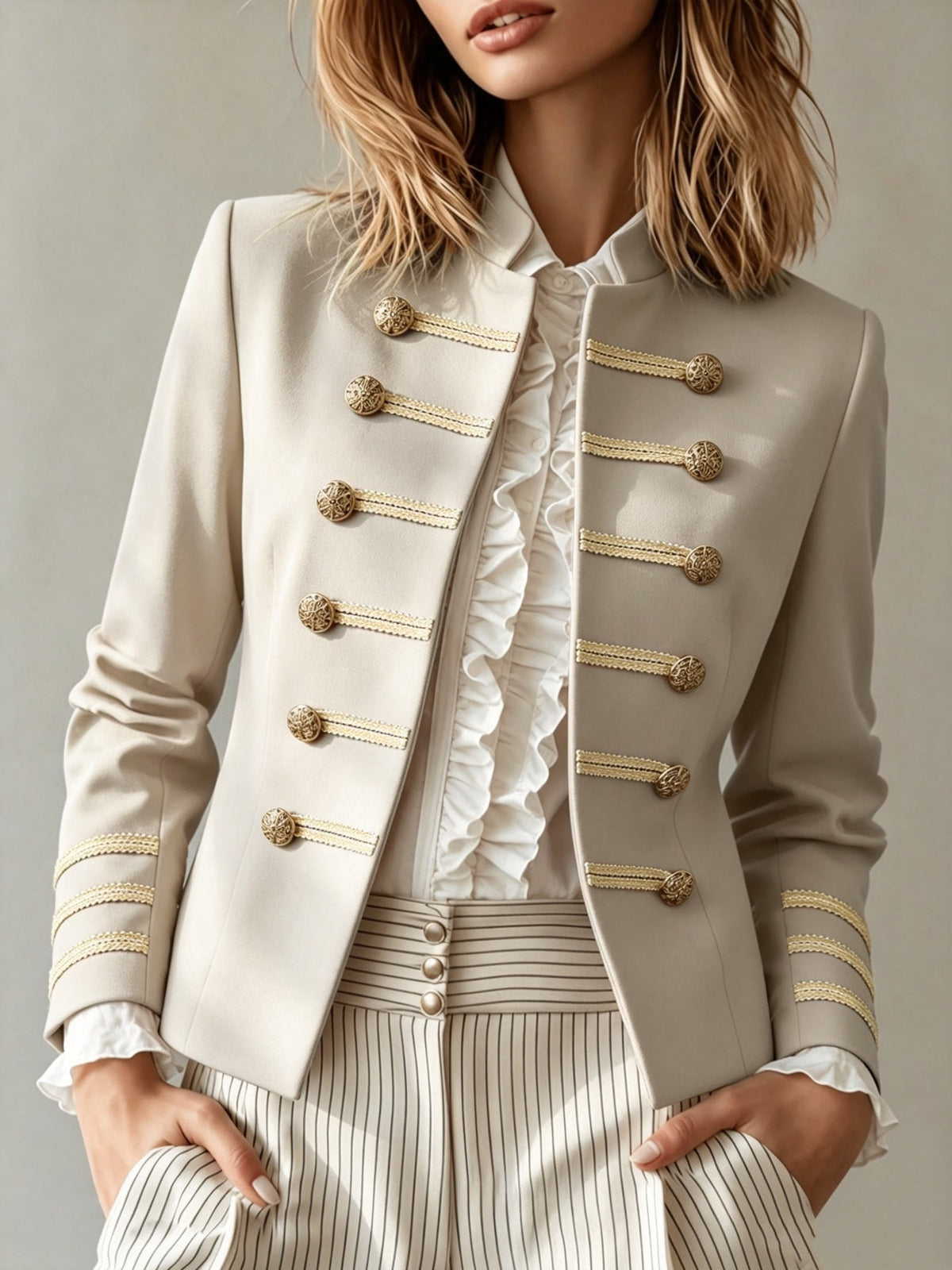 Chaqueta corta Rosalía en crudo de frente, con cuello alzado y dos filas de botones