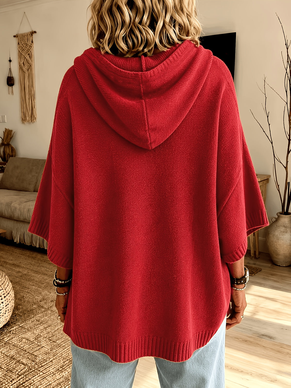 Espalda del poncho Micaela en rojo, con la capucha caída