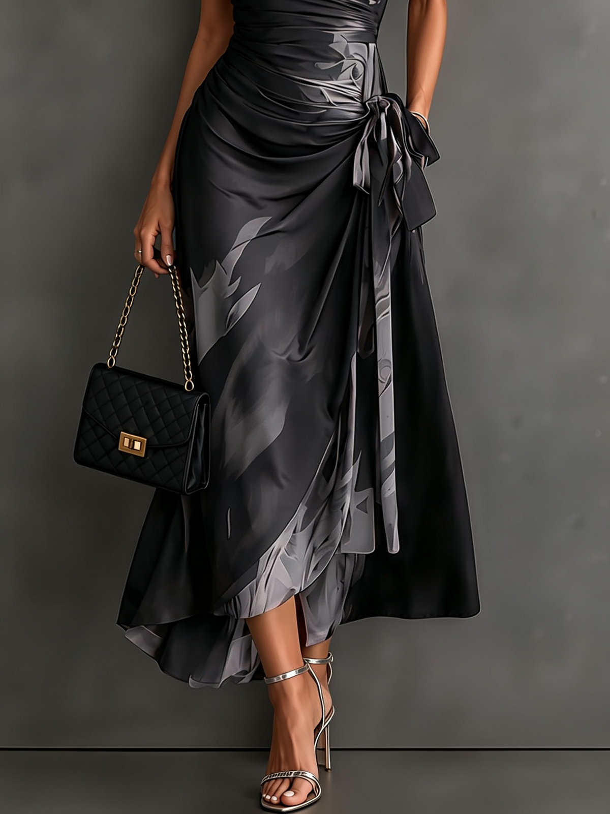 Emilia | Vestido Midi Cruzado con Estampado Abstracto y Bajo Asimétrico