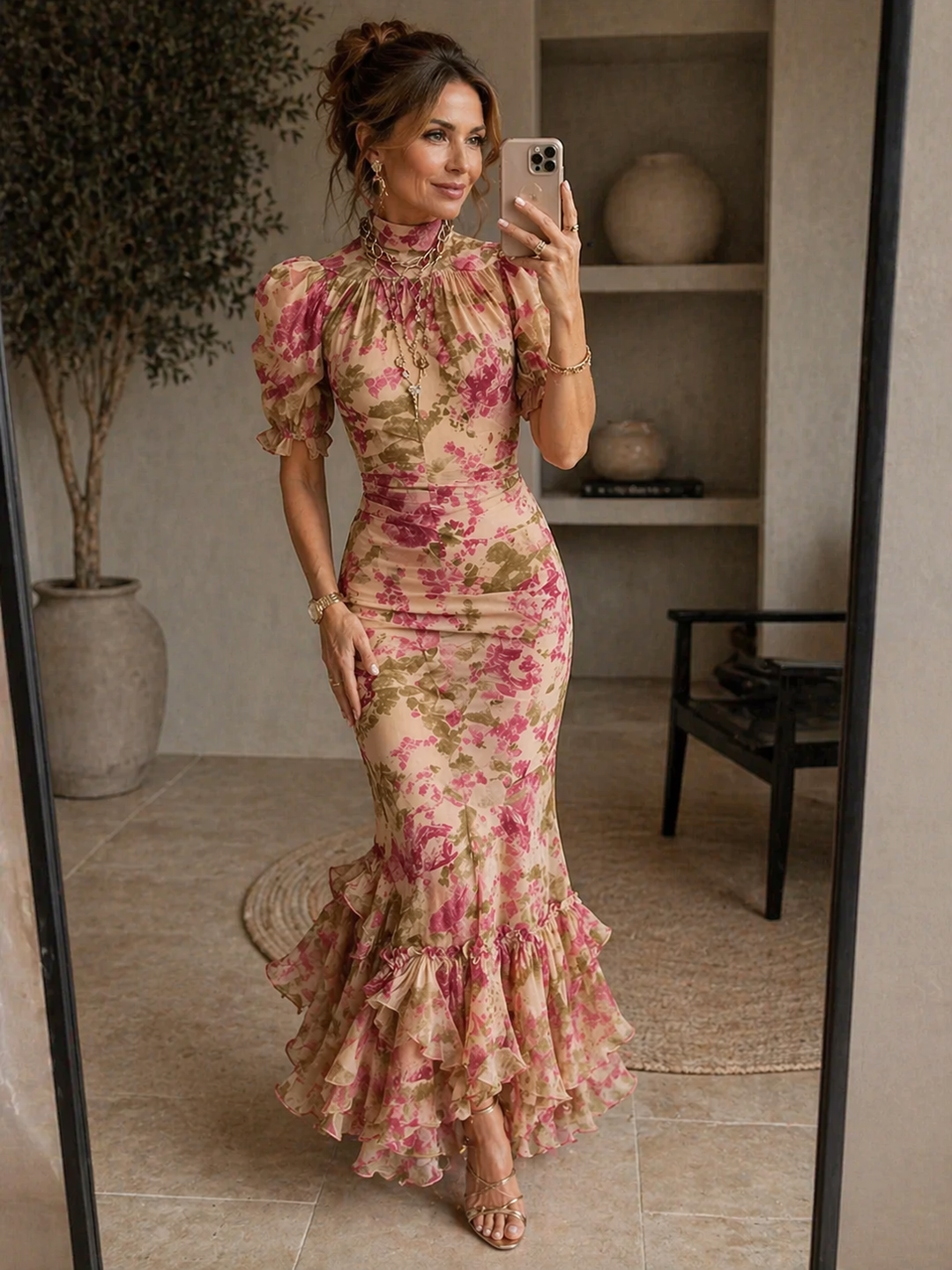 SAE | Vestido maxi rosa con mangas abullonadas