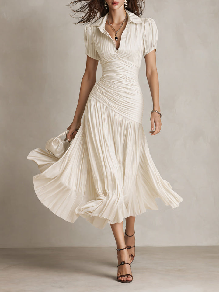 Adriana | Vestido midi satinado de rayas retro