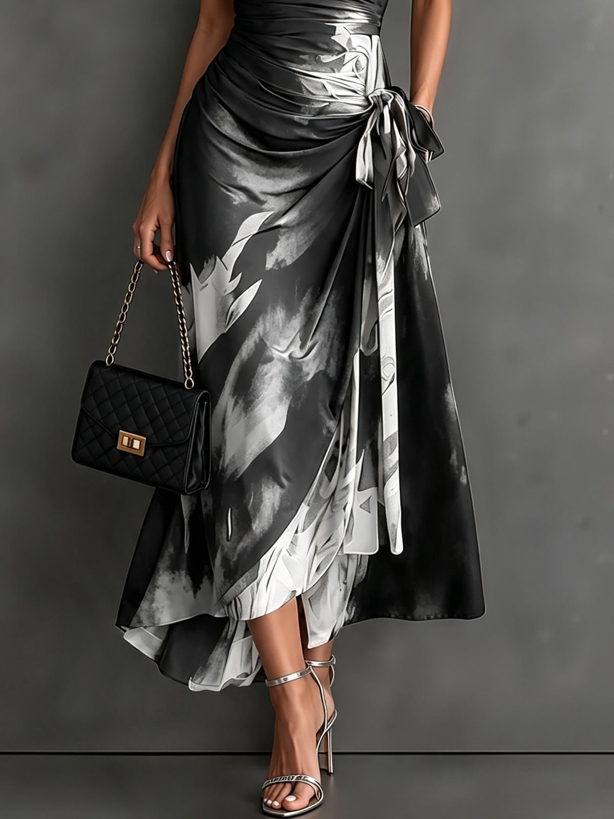 Emilia | Vestido Midi Cruzado con Estampado Abstracto y Bajo Asimétrico
