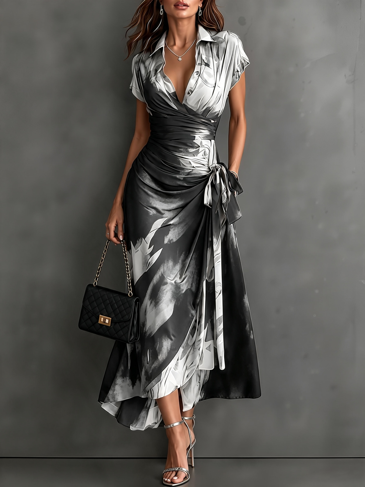 Emilia | Vestido Midi Cruzado con Estampado Abstracto y Bajo Asimétrico