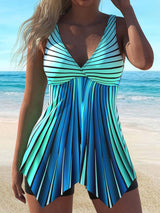 Azul | Conjunto de tankini acampanado a rayas que cubre el vientre