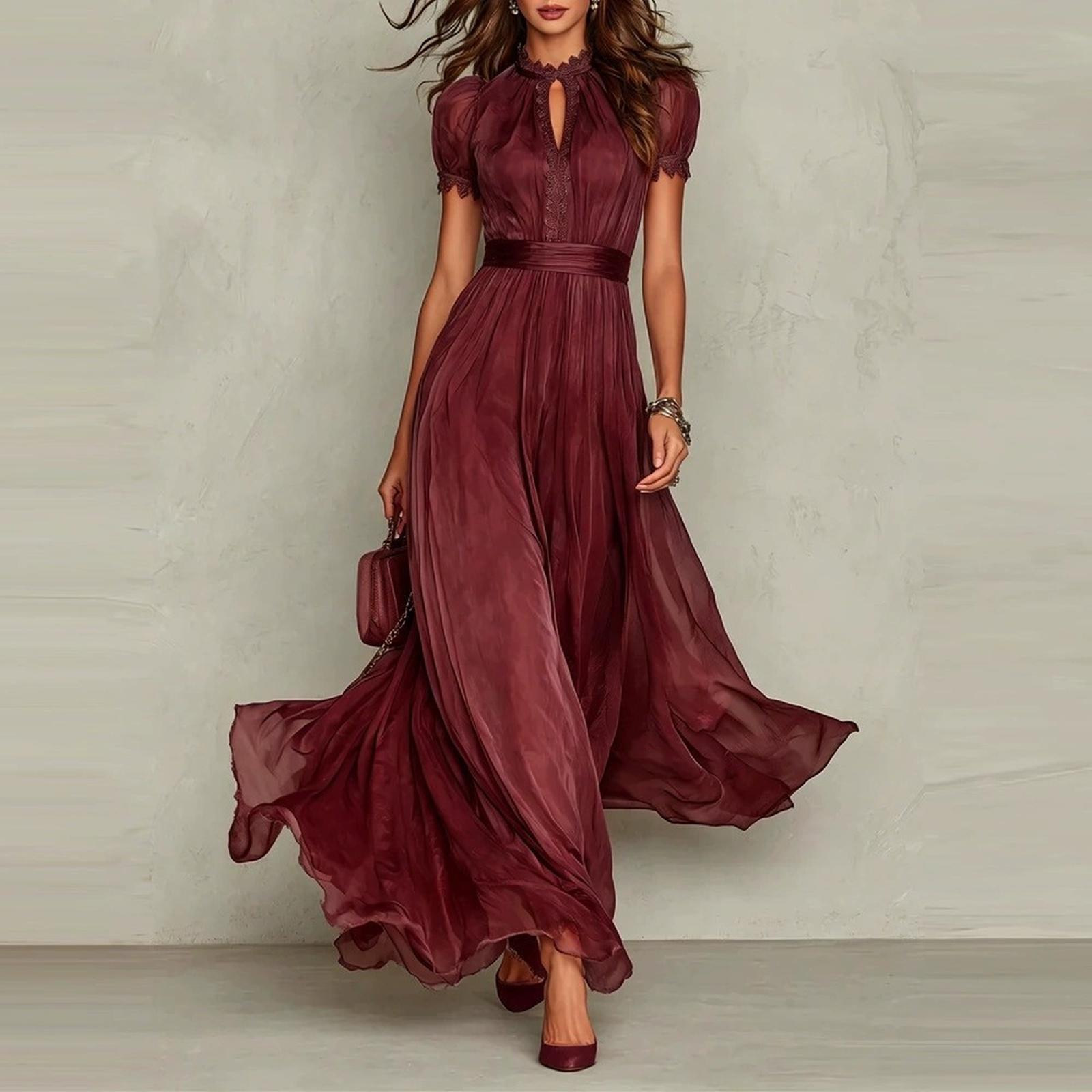 Vestido de invitada largo de gasa en rojo vino, cuerpo entero con vuelo