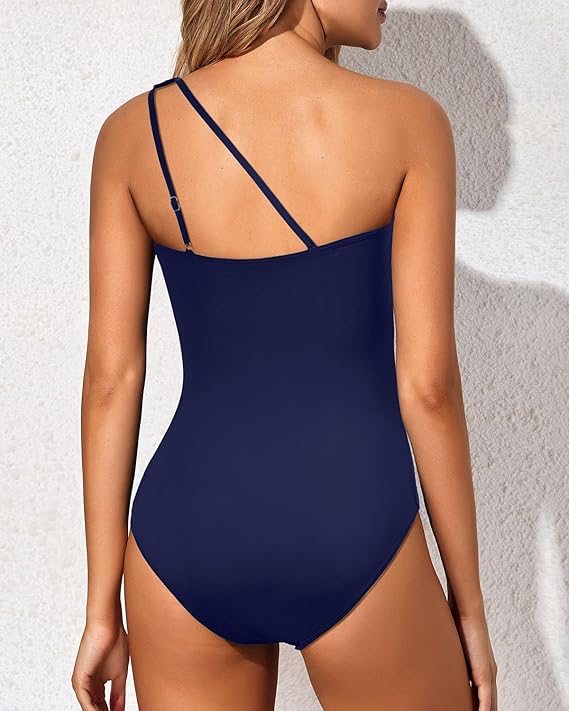 Espalda del bañador Grace en azul marino con dos tirantes finos ajustables
