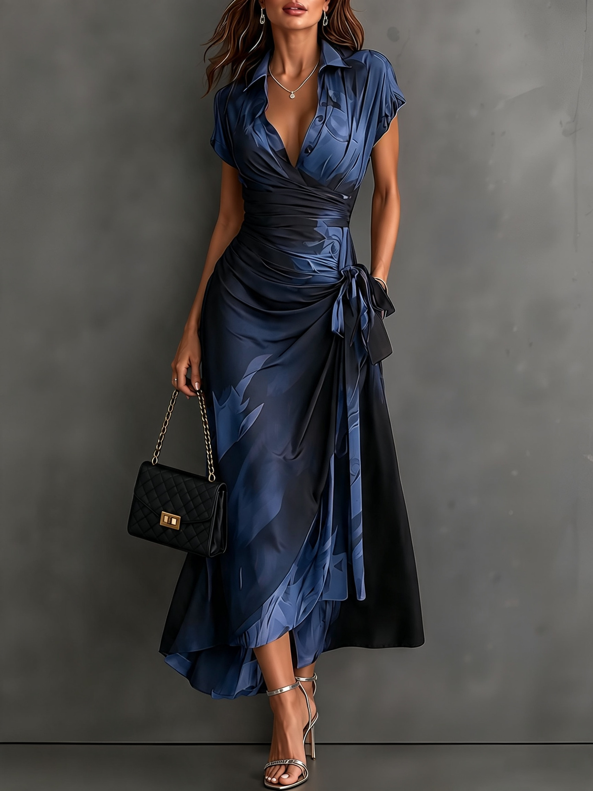 Emilia | Vestido Midi Cruzado con Estampado Abstracto y Bajo Asimétrico