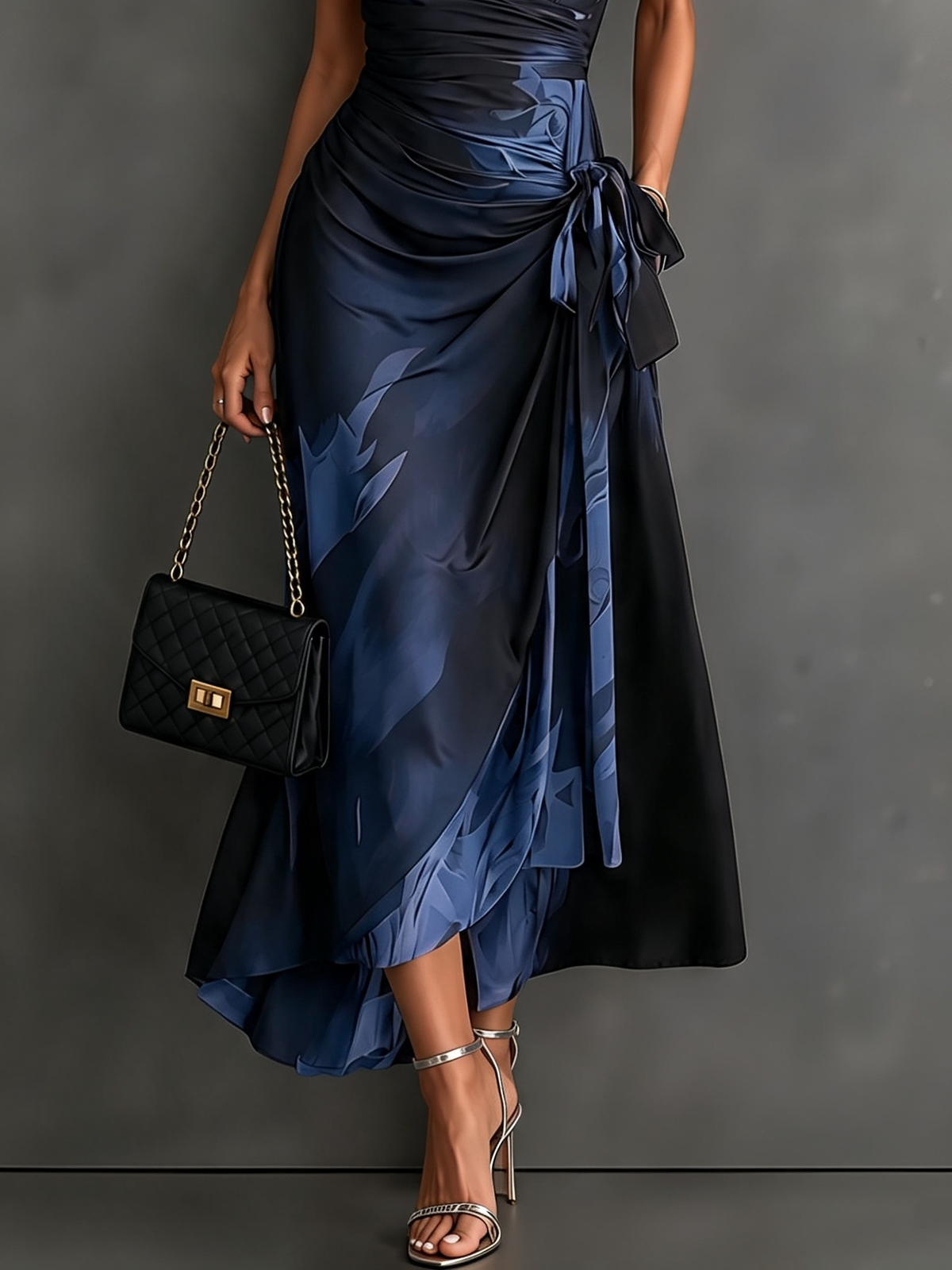 Emilia | Vestido Midi Cruzado con Estampado Abstracto y Bajo Asimétrico