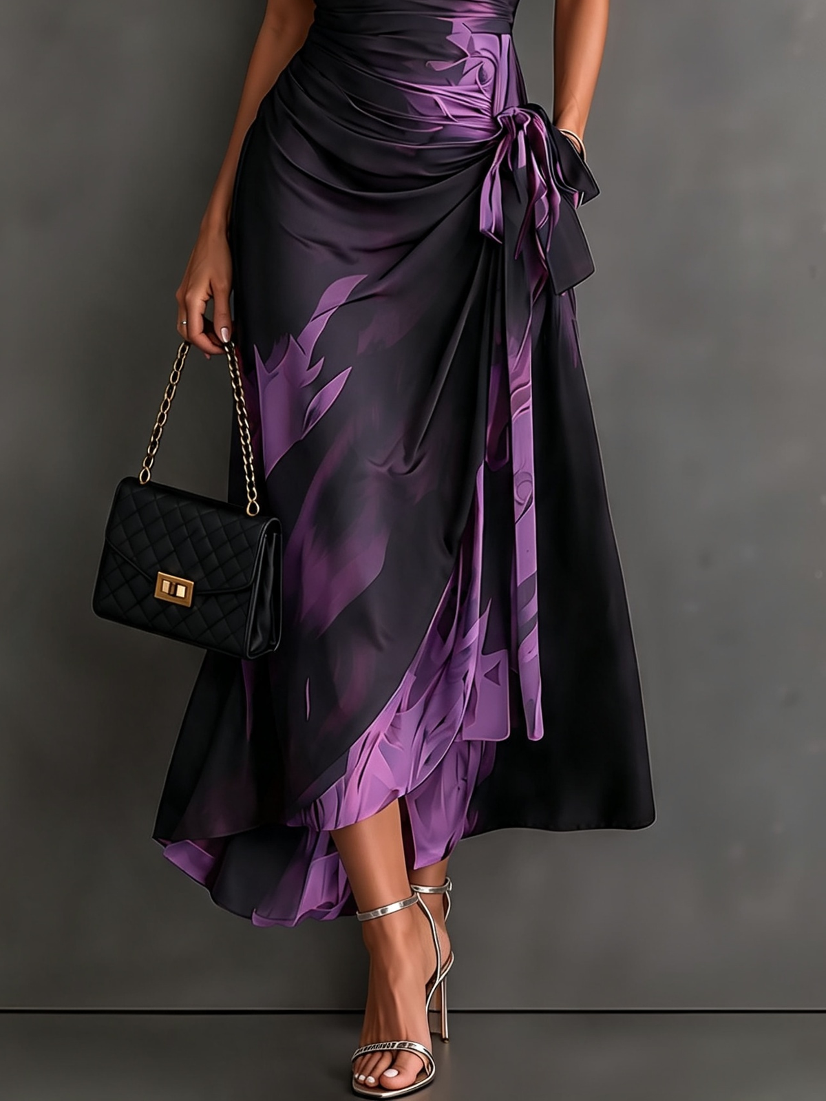 Emilia | Vestido Midi Cruzado con Estampado Abstracto y Bajo Asimétrico