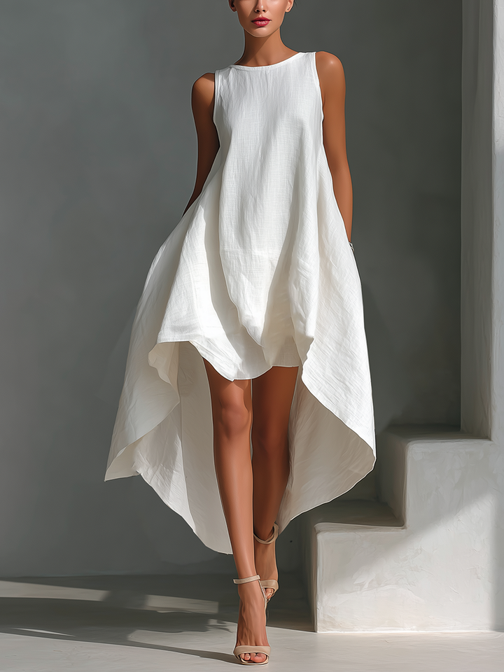 Elena | Vestido midi de lino blanco con corte asimétrico