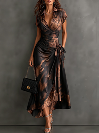 Rosalinda | Vestido Midi Cruzado Marrón con Bajo Asimétrico