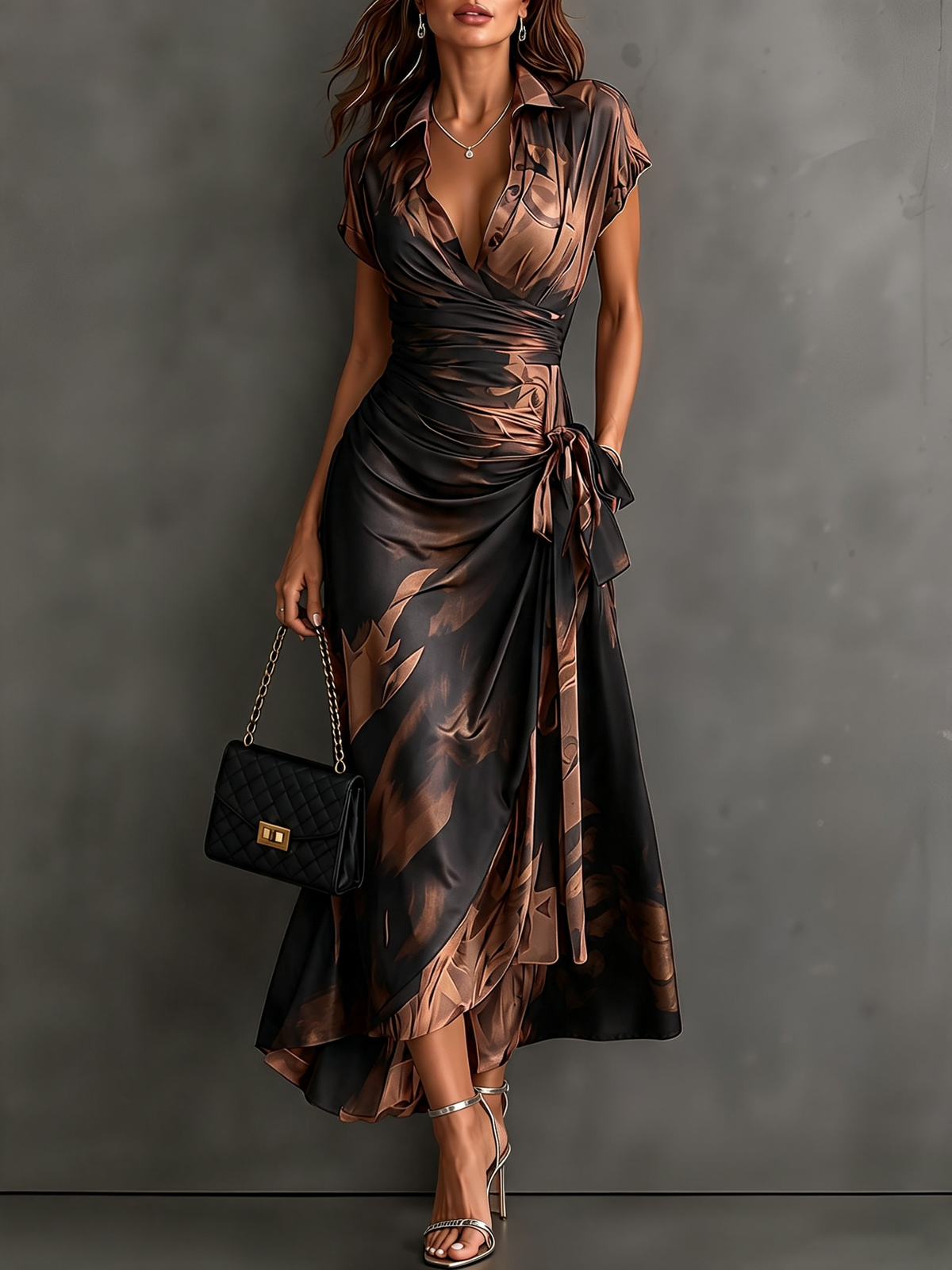 Rosalinda | Vestido Midi Cruzado Marrón con Bajo Asimétrico