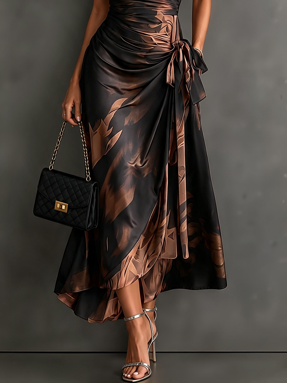 Emilia | Vestido Midi Cruzado con Estampado Abstracto y Bajo Asimétrico
