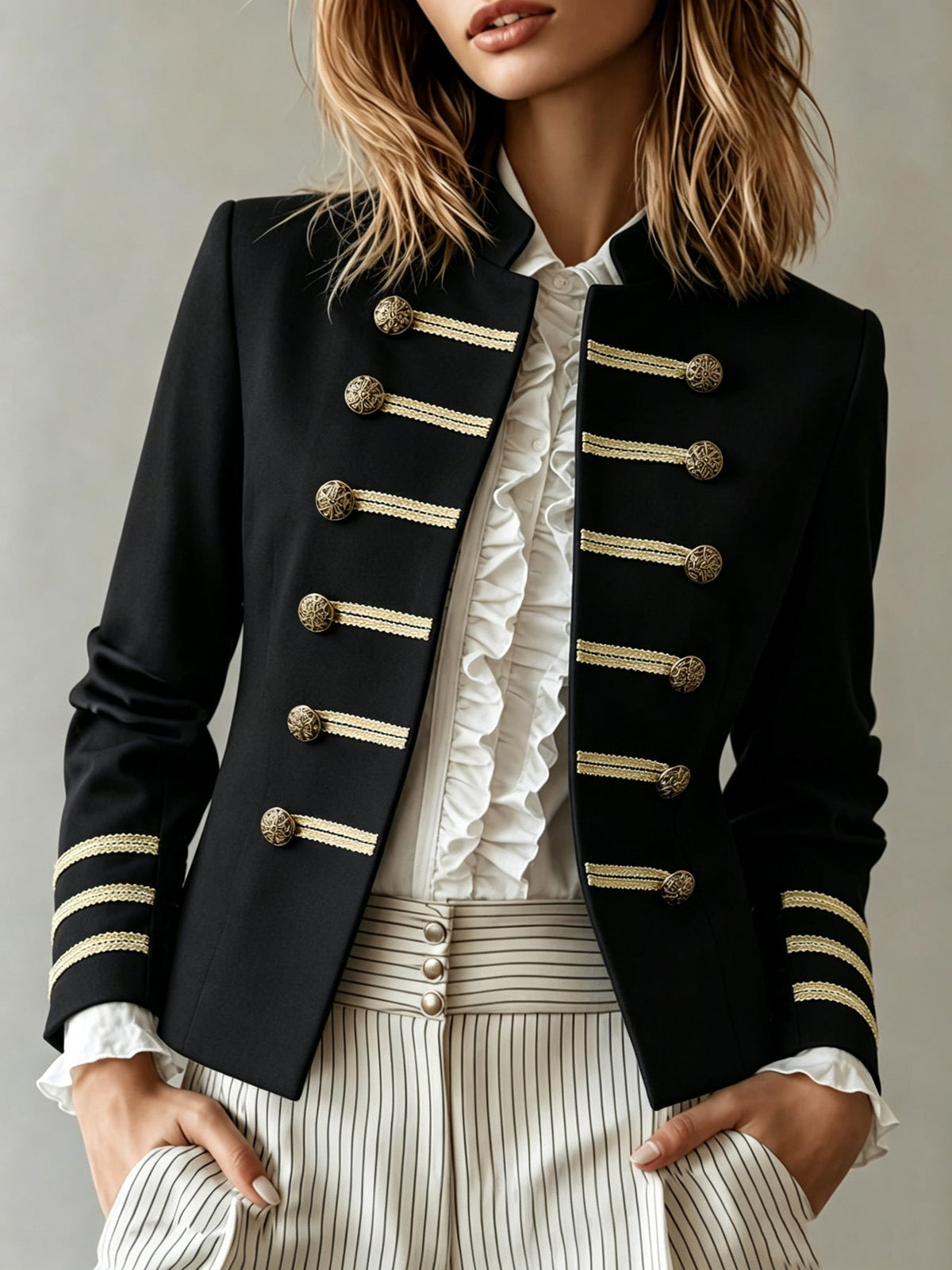 Chaqueta corta Rosalía en negro de frente, con cuello alzado y dos filas de botones