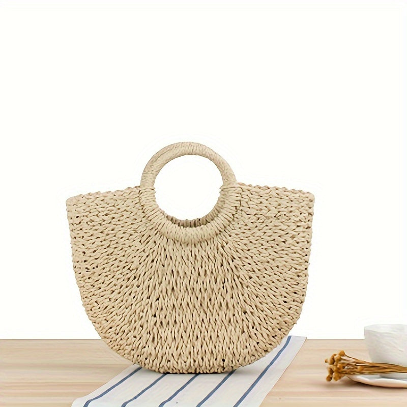 Bolso de media luna Octavia en paja trenzada beige con asa de aro — Valentina Massimo