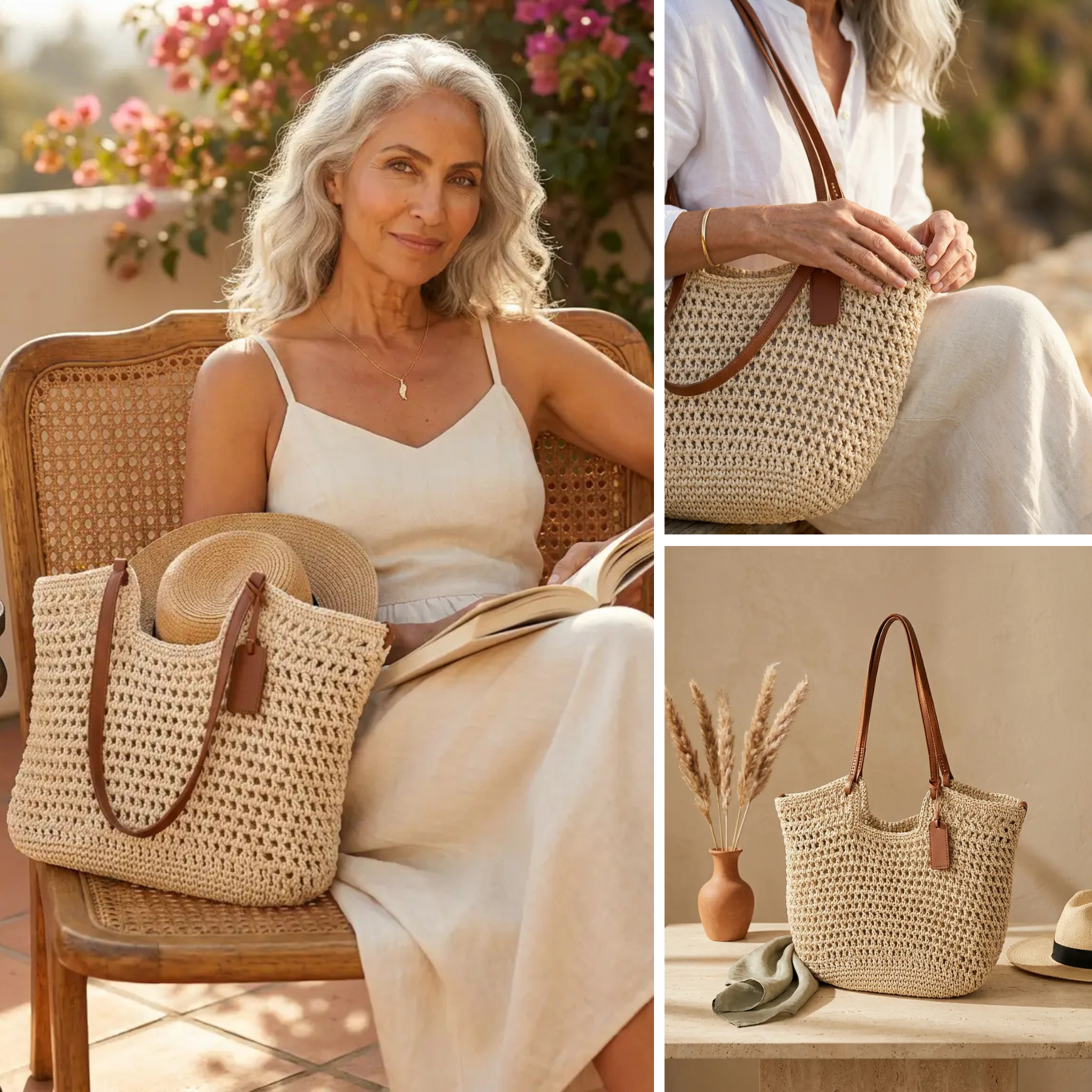 Modelo sentada con la shopper calada y sombrero de paja