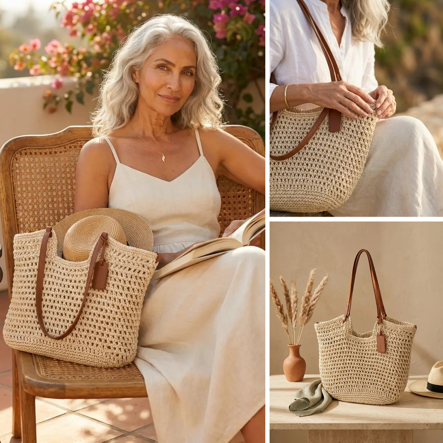 Modelo sentada con la shopper calada y sombrero de paja