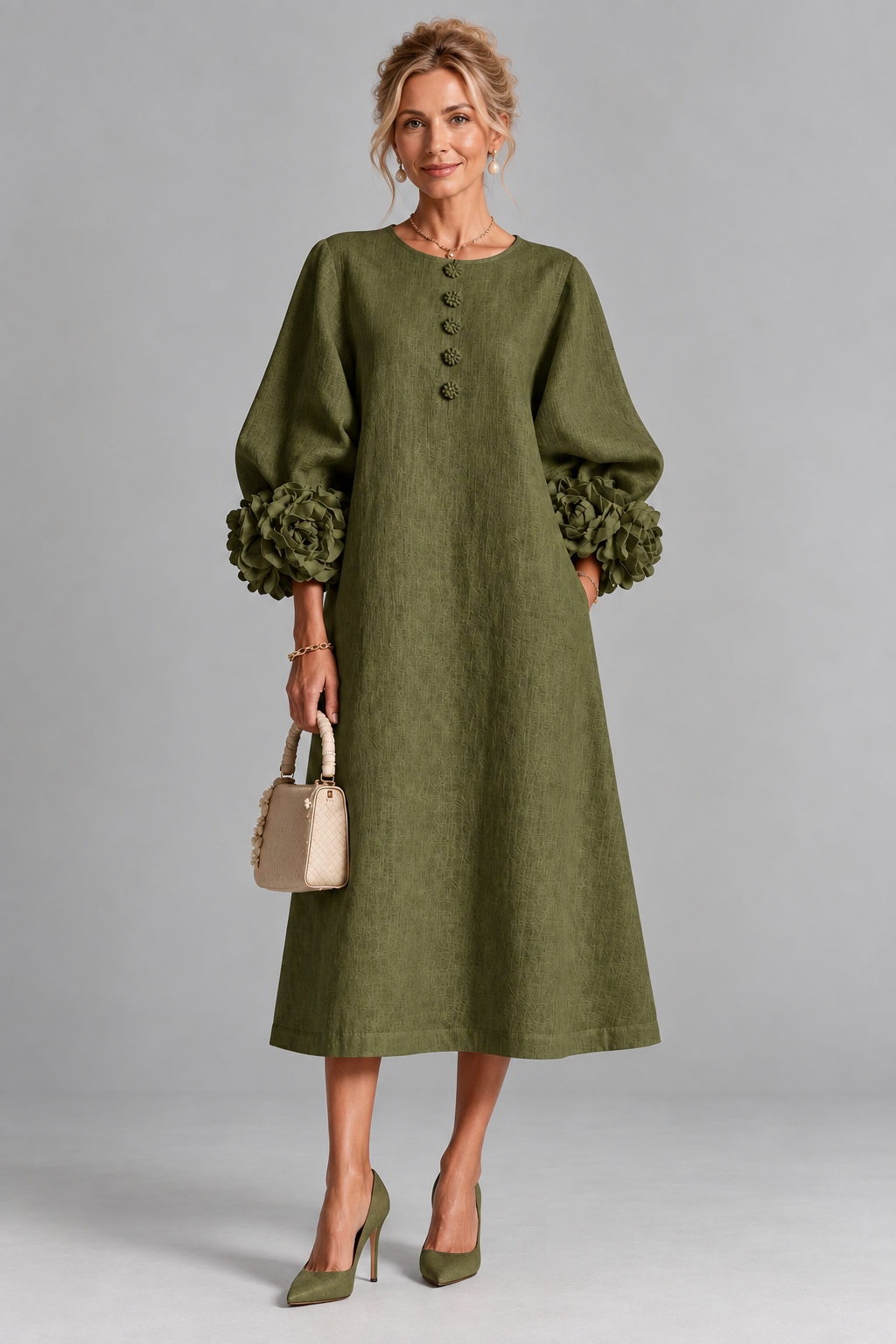 Iria | Vestido Midi con Puños de Flores