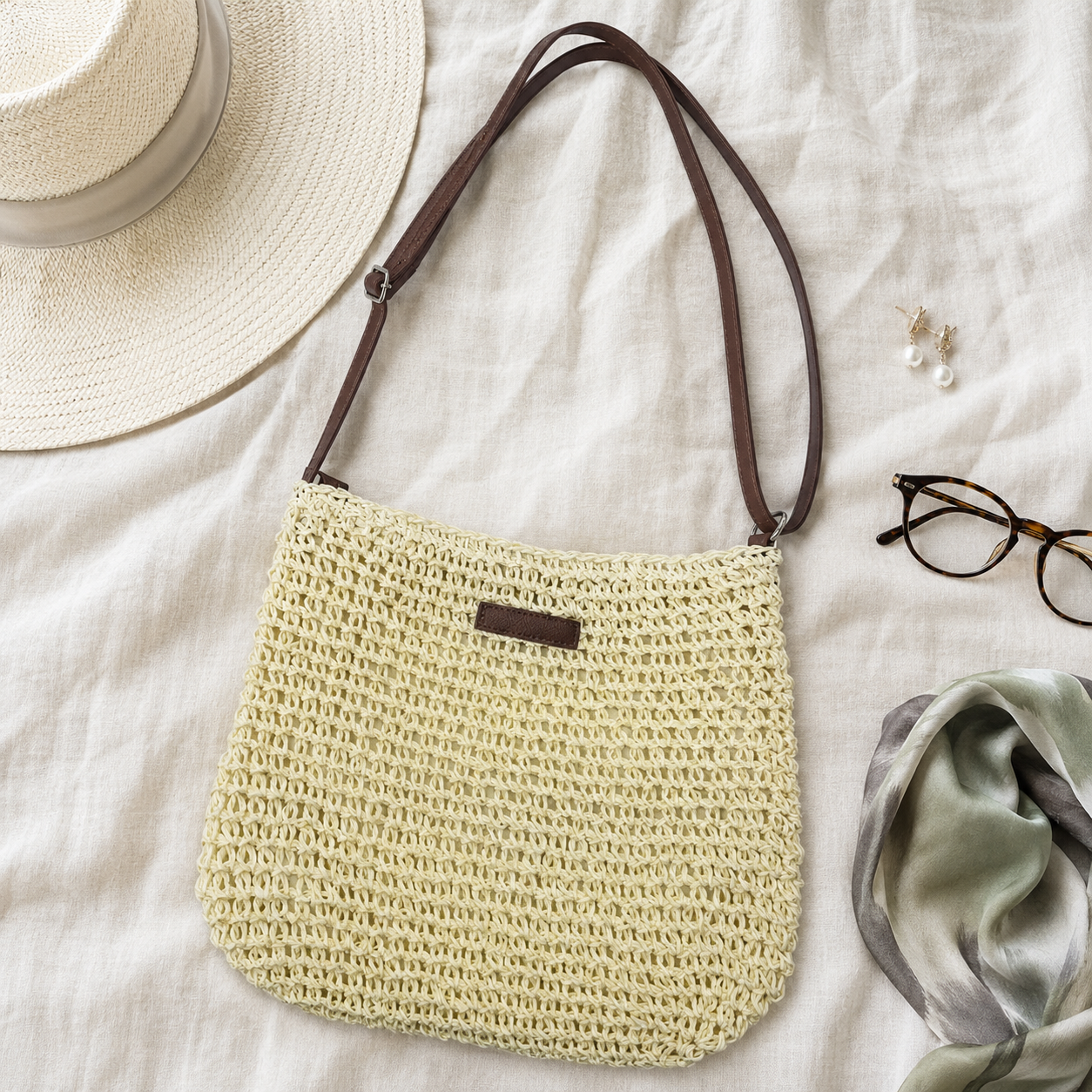 Bolso trenzado en tono crudo con correa marron ajustable, junto a un sombrero de paja y gafas