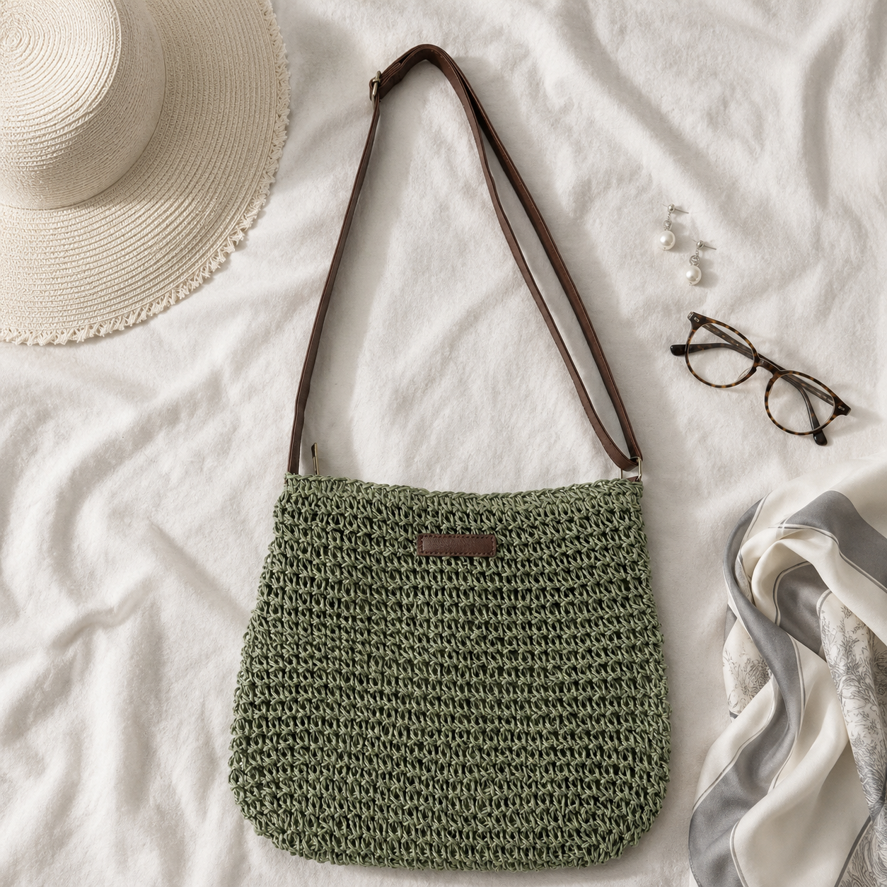 Bolso trenzado en verde salvia con correa marron ajustable, sobre una tela blanca