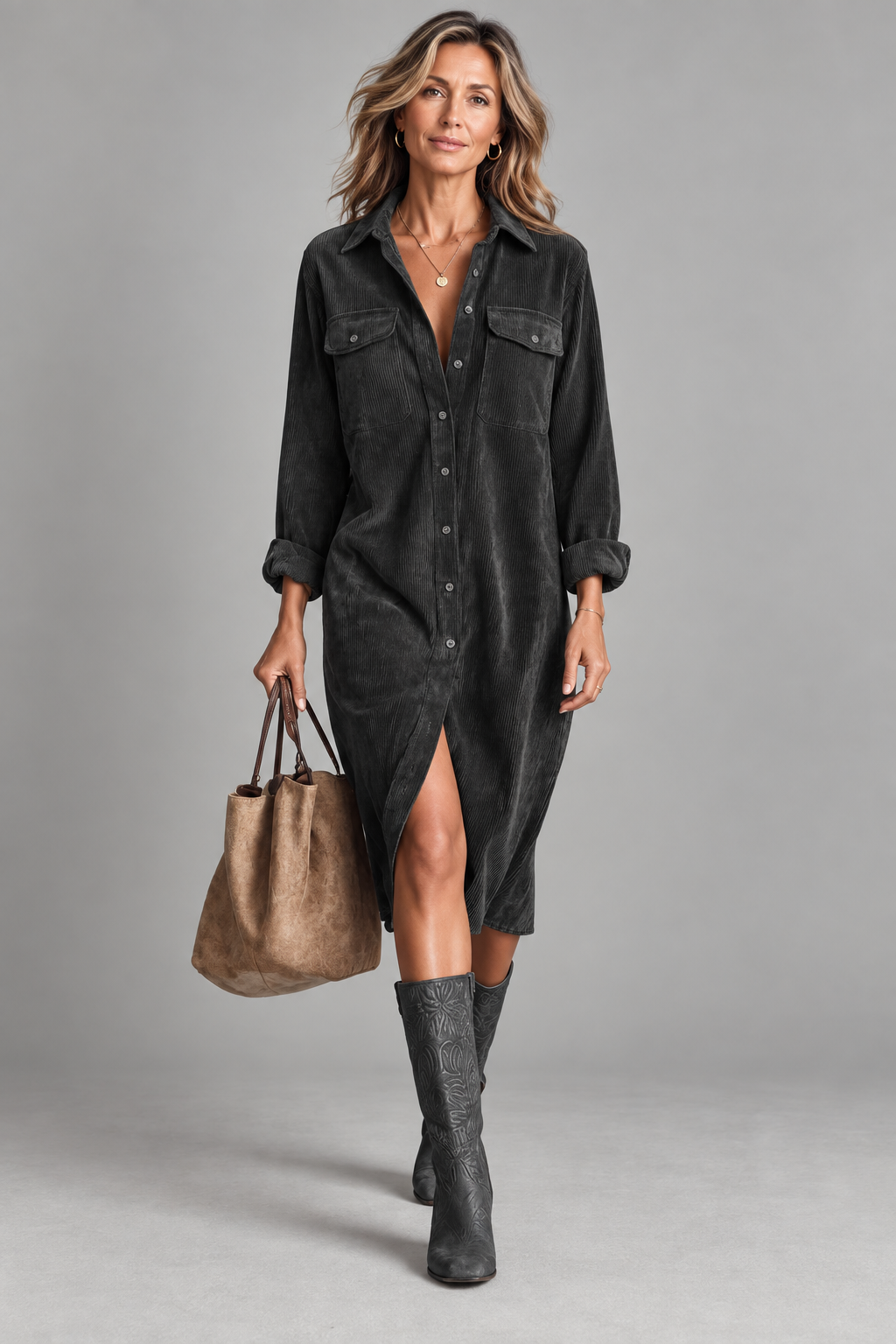 Ainara | Vestido Camisero de Pana con Bolsillos