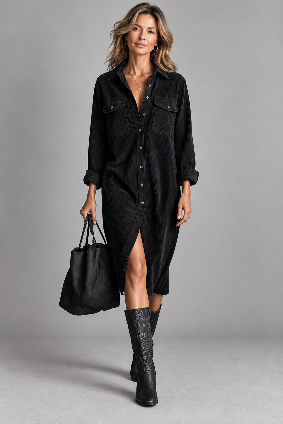 Ainara | Vestido Camisero de Pana con Bolsillos