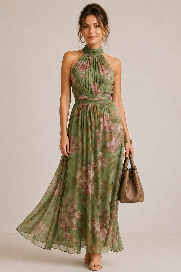 MIRELY | Vestido midi halter fruncido