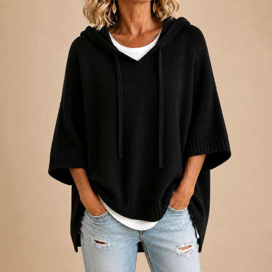 Poncho de Punto con Capucha en Negro