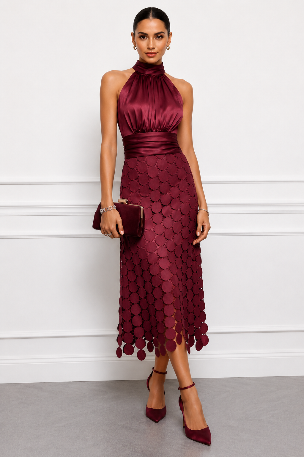 Irene vestido midi de noche burdeos