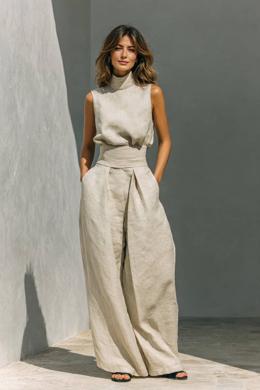 María | Conjunto Minimalista de Tirantes y Pantalón Ancho en Algodón y Lino