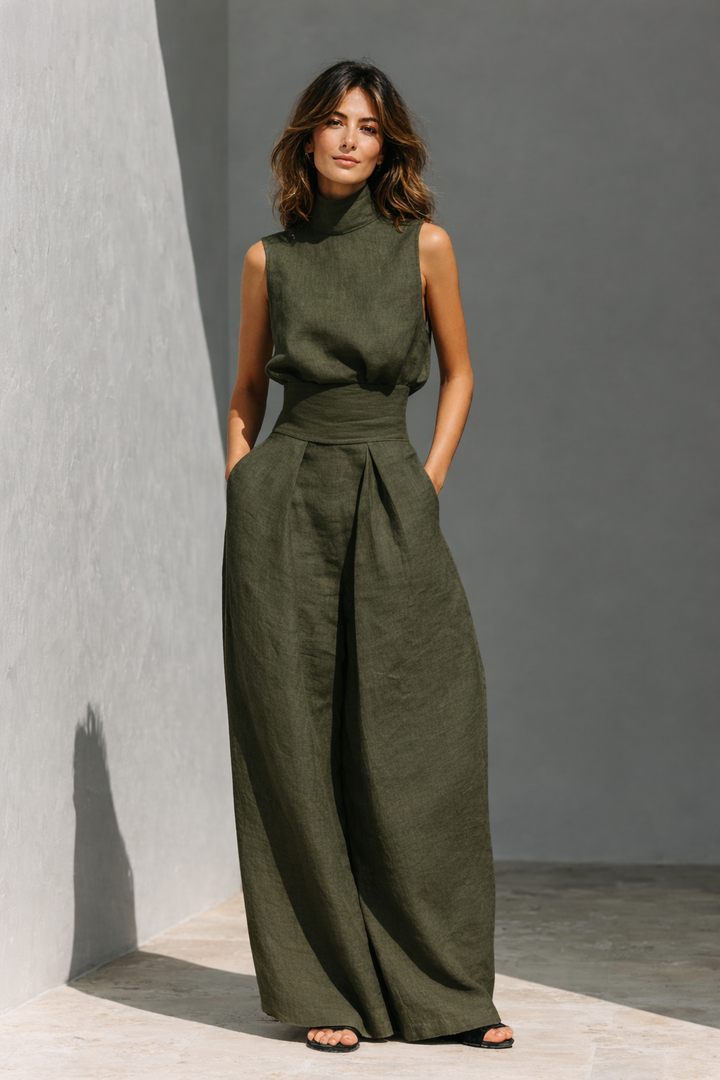 María | Conjunto Minimalista de Tirantes y Pantalón Ancho en Algodón y Lino