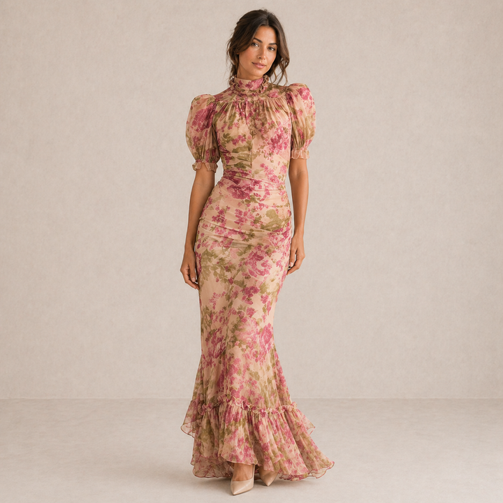 SAE | Vestido maxi rosa con mangas abullonadas