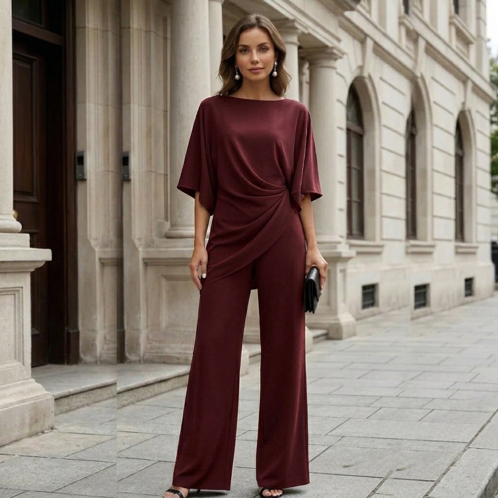 Conjunto de blusa drapeada y pantalón ancho