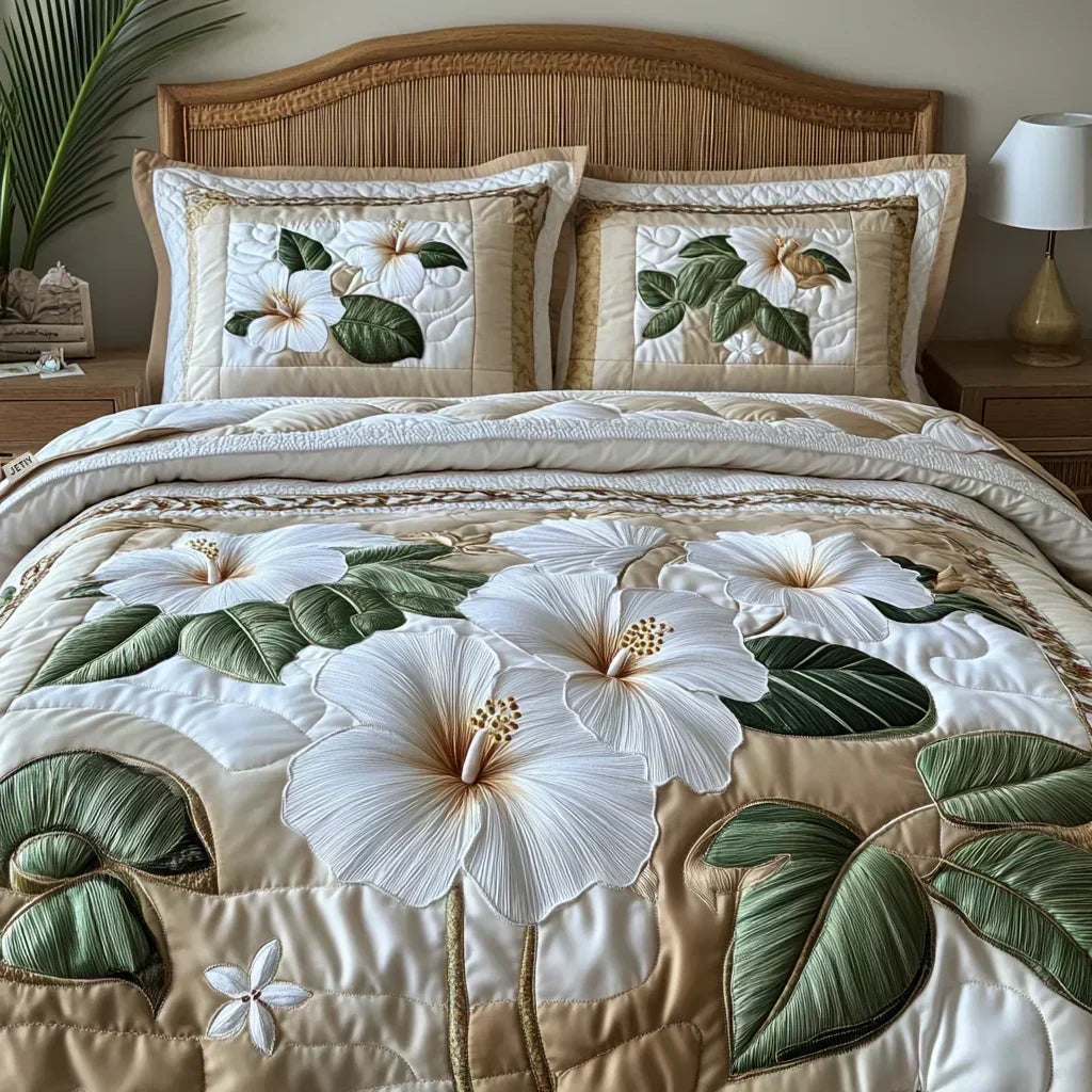 Completo letto trapuntato a 3 pezzi - Ibisco Bianco